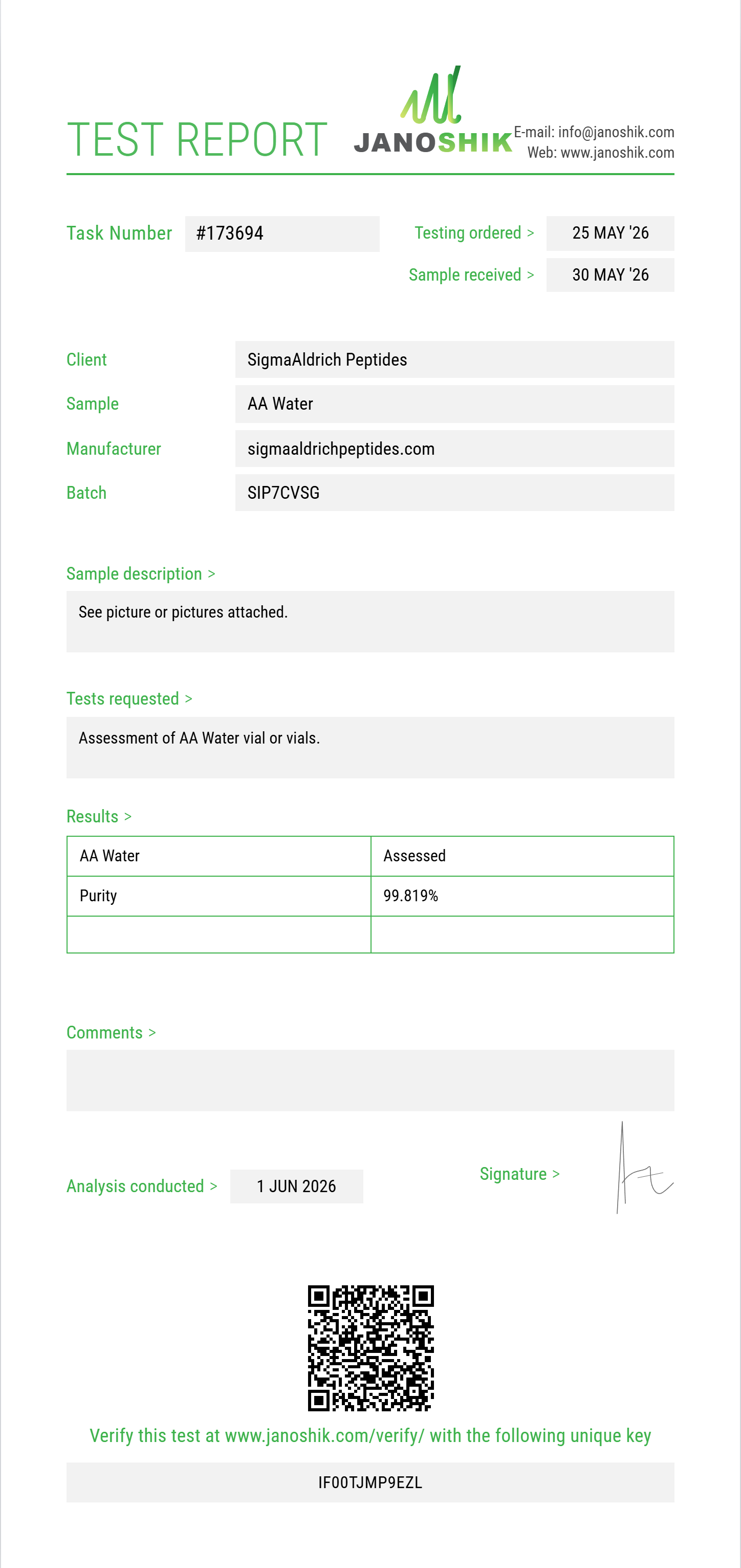 AA Water Purity (HPLC) report by Janoshik Analytical