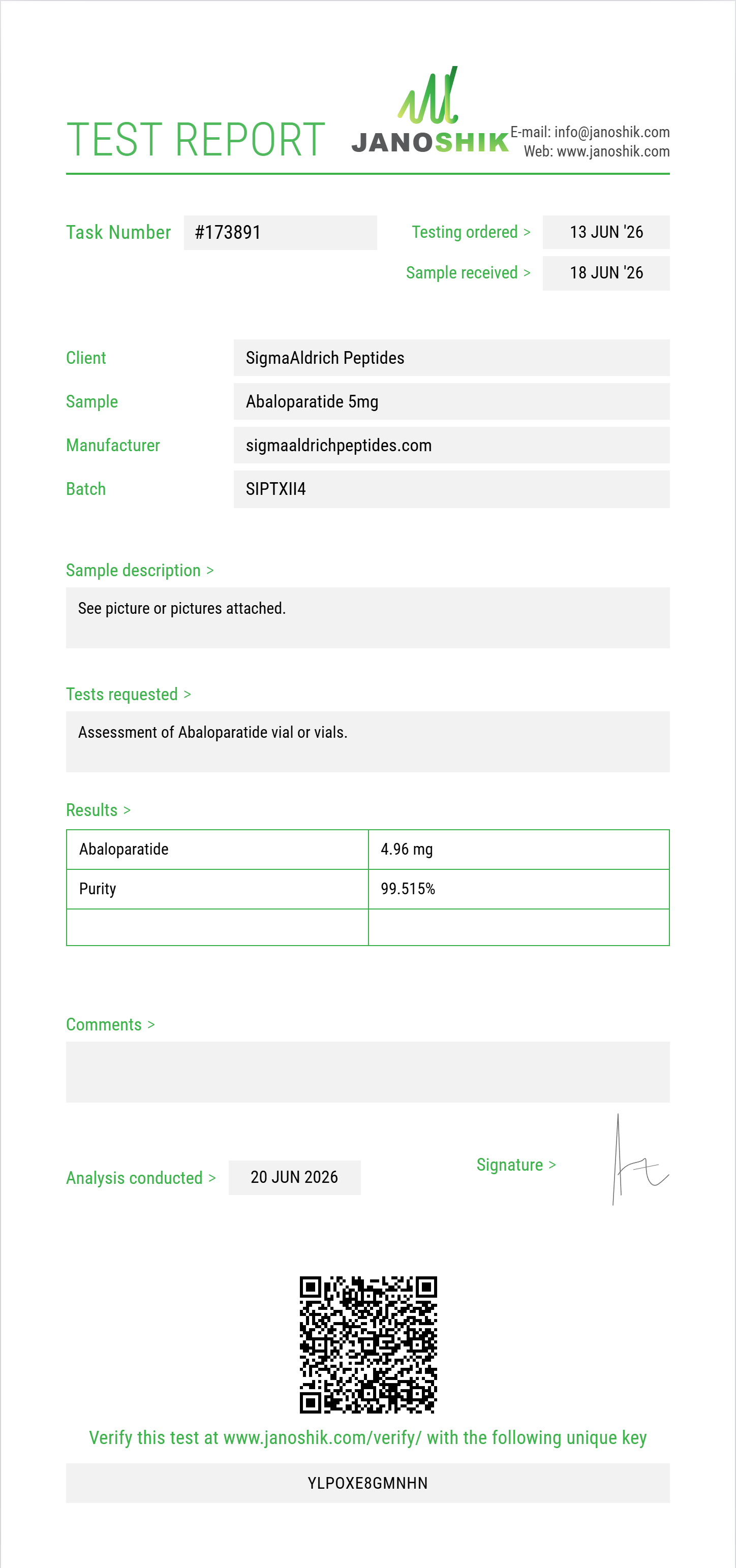 Abaloparatide Purity (HPLC) report by Janoshik Analytical